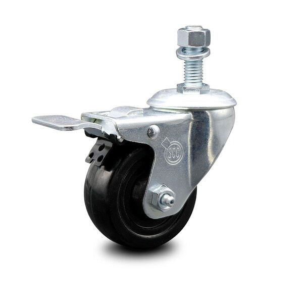 3 Inch Hard Rubber Wheel Swivel 12mm Threaded Stem Caster Total Lock Brake